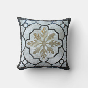 Eastern Floral Marble Pattern Greyish Blue & Gold Outdoor Cushion