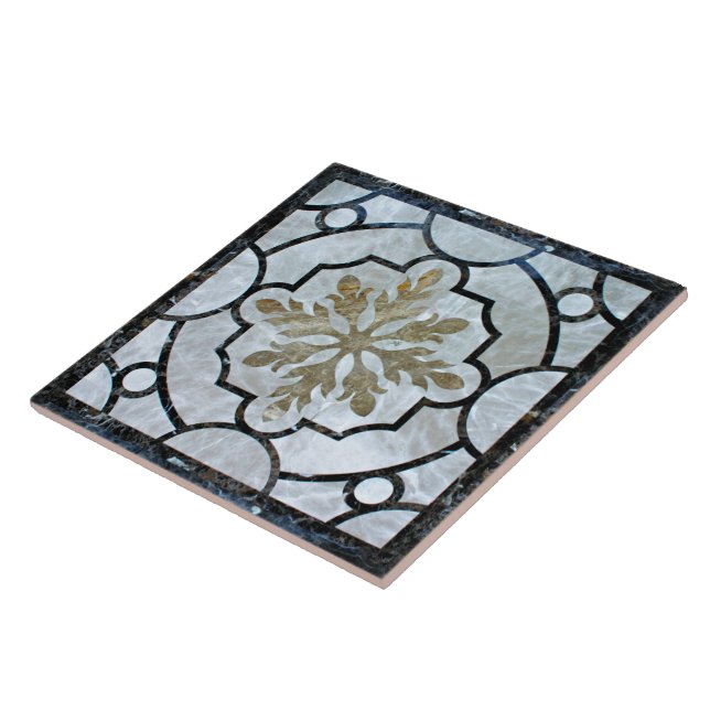 Eastern Floral Marble Pattern Greyish Blue & Gold Tile (Side)