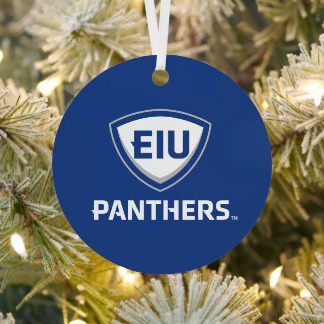 Eastern Illinois Panthers Shield & Wordmark Logo Metal Tree Decoration (Insitu)