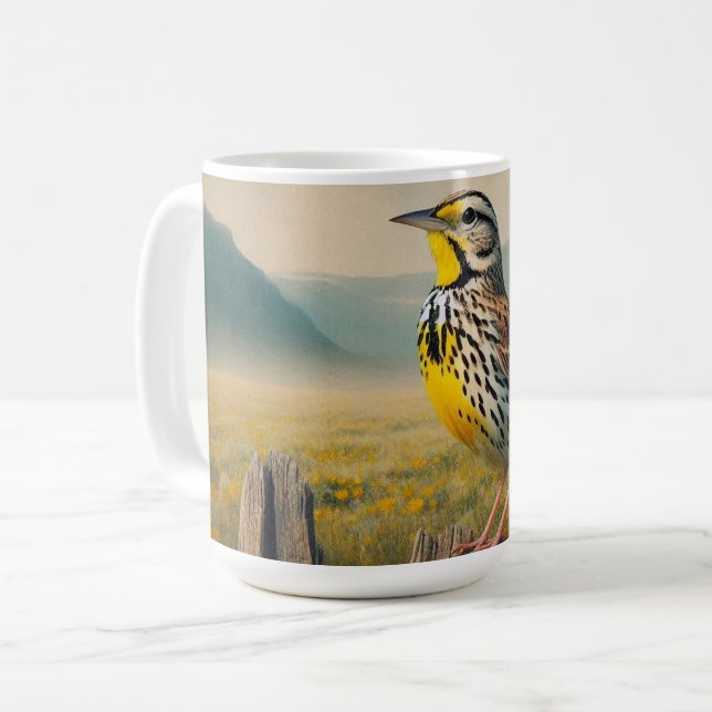 Eastern Meadowlark Perched on a Rustic Fence Coffee Mug (Front Left)