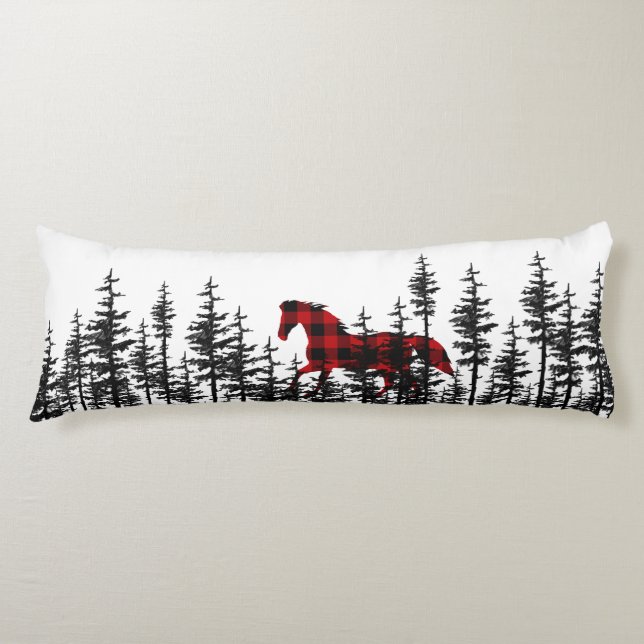 Eastern Pine Tree Forest Buffalo Plaid Wild Horse Body Cushion (Front)
