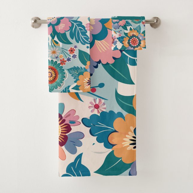 Eastern Retro Floral Pastel Custom Pattern Bath Towel Set (Insitu)