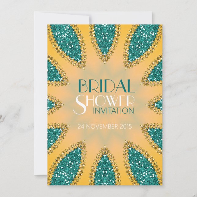 Eastern Sparkle Teal Gold Bridal Shower Invites (Front)