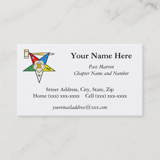 Eastern Star Past Matron Business Card (Front)