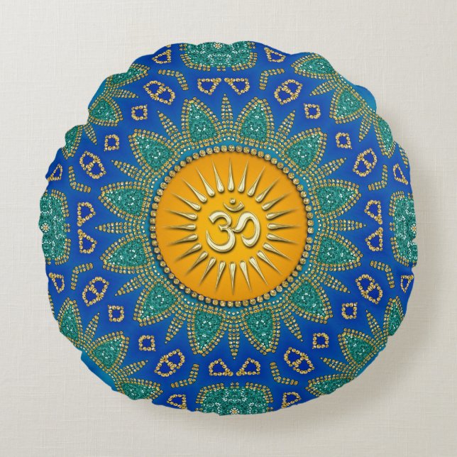 Eastern Sun Royal Blue Teal OM Meditation Round Cushion (Front)