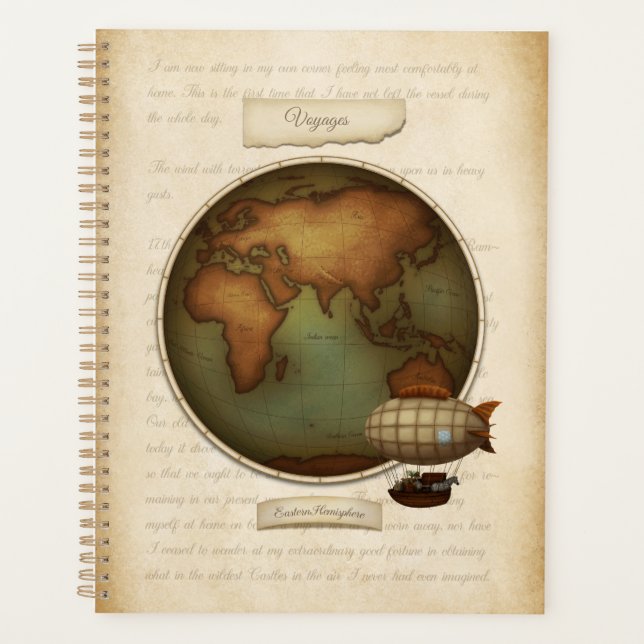 Eastern & Western Hemispheres Map Custom Steampunk Planner (Front)