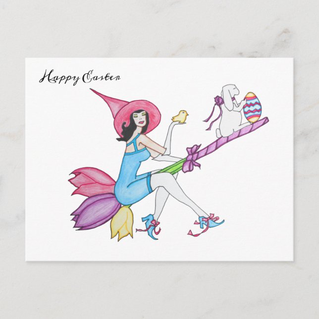 Easter's Magic Witch and Bunny Holiday Postcard (Front)