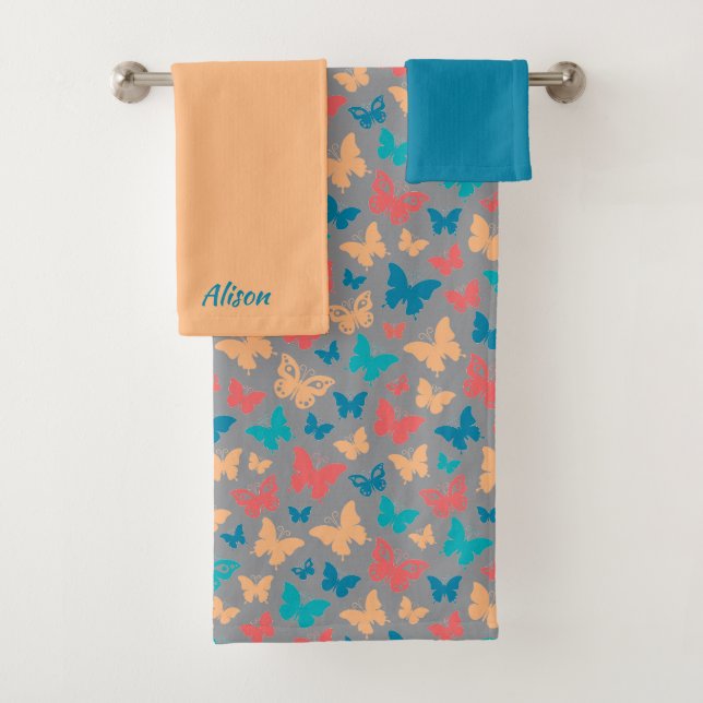 Easy butterfly pattern beige pink turquoise grey bath towel set (Insitu)