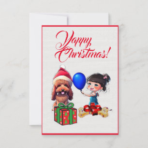 Easy Custom Cute Poodle Dog With  Girl Xmas Card