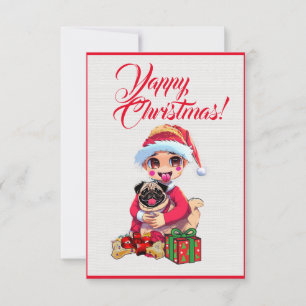 Easy Custom Cute Pug Dog With  Girl Xmas Card