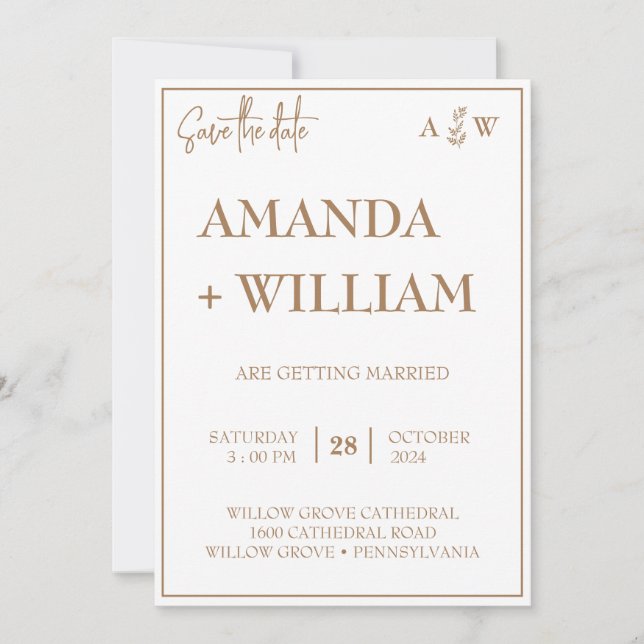 easy  Editable modern Leaf Monogram save the date  Invitation (Front)