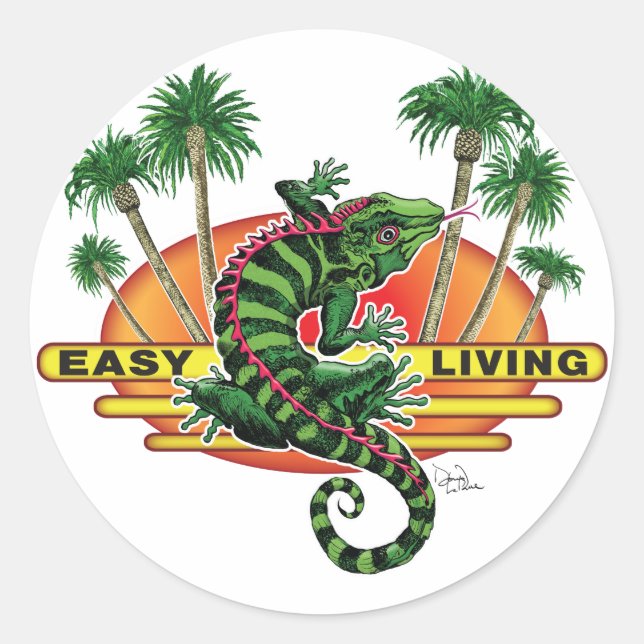 Easy Living Lizard on the Beach Classic Round Sticker (Front)