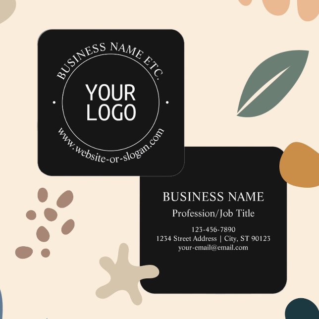 Easy Logo Replacement & Customisable Text | Black Square Business Card (Creator Uploaded)
