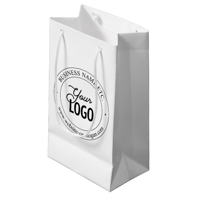Easy Logo Replacement & Customisable Text | White Small Gift Bag (Front Angled)