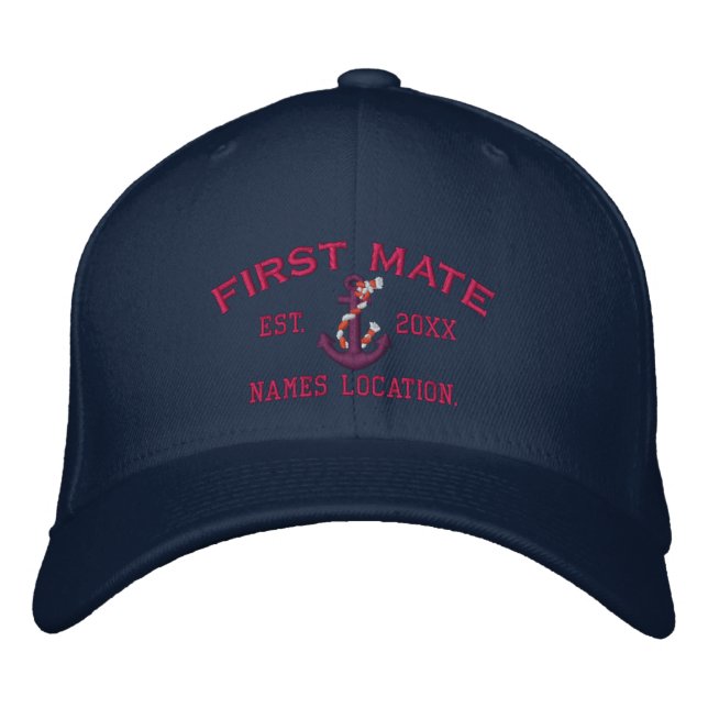 Easy to Personalise YEAR Names First Mate Anchor Embroidered Hat (Front)