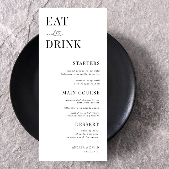 Eat and Drink Heart Script Minimal White Wedding Menu (Creator Uploaded)
