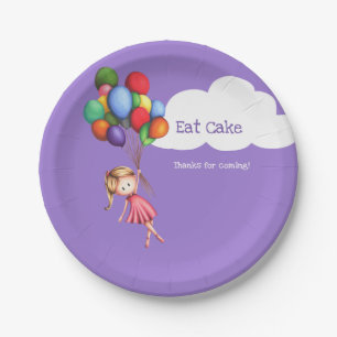 Eat Cake Girl Floating with Balloons Purple Party Paper Plate