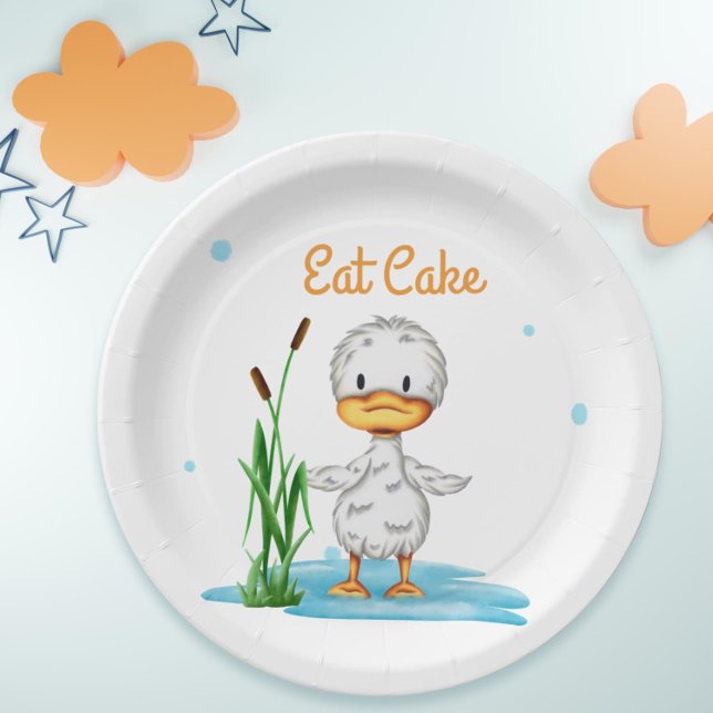 Eat cake little duckling neutral baby shower paper plate (Simple duck party paper plate for baby showers or birthdays)