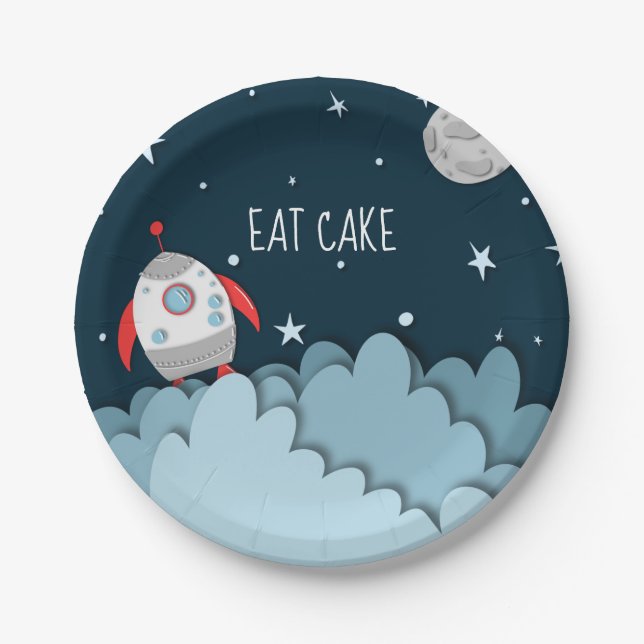 Eat Cake Spacecraft Moon Outer Space Birthday Paper Plate (Front)