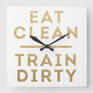 Eat Clean Train Dirty Gold Glitter Wall Clock