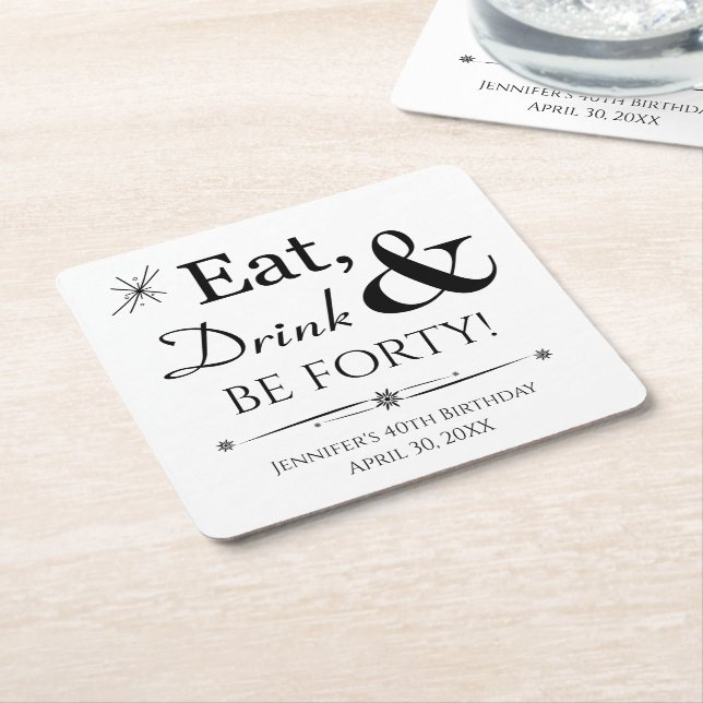 Eat Drink and Be Forty Throwback 40th Birthday Square Paper Coaster (Angled)