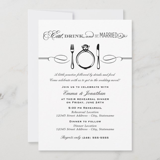 Eat Drink and Be Married Black Rehearsal Dinner Invitation (Front)