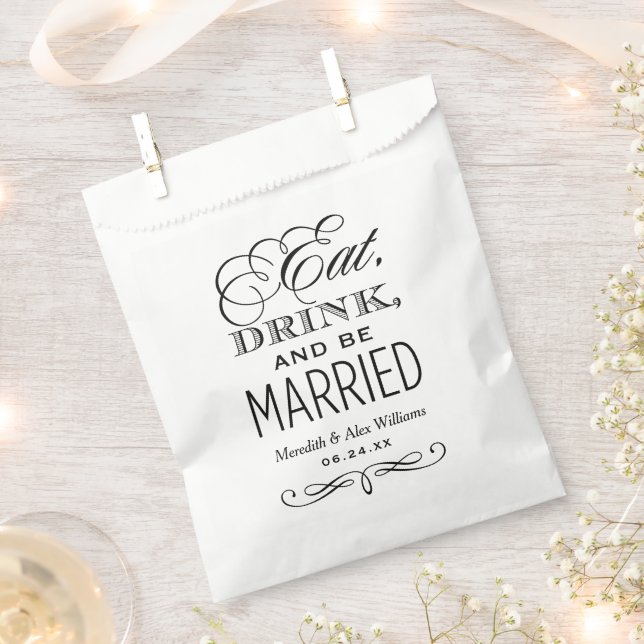 Eat Drink and Be Married Black Wedding Monogram Favour Bag (Clipped)