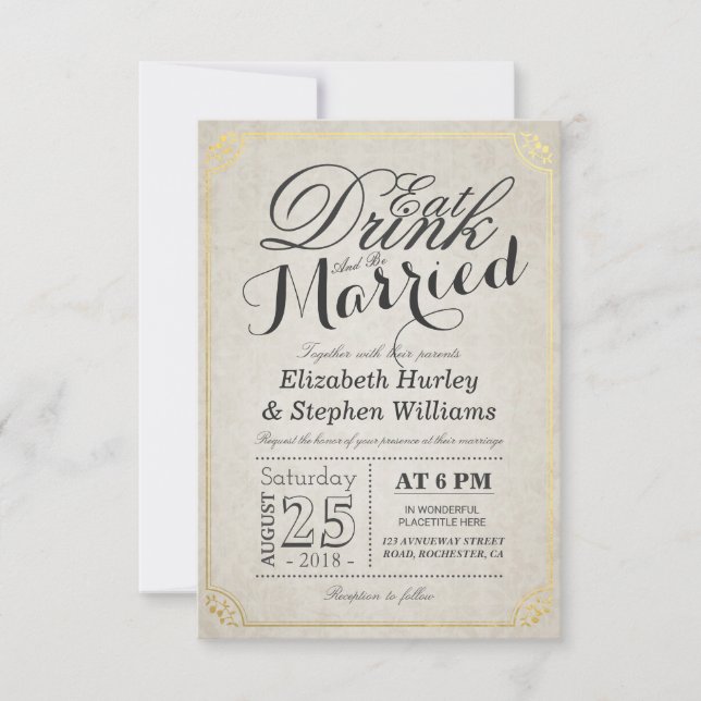 EAT Drink and Be Married Damask Paper Gold Border Invitation (Front)