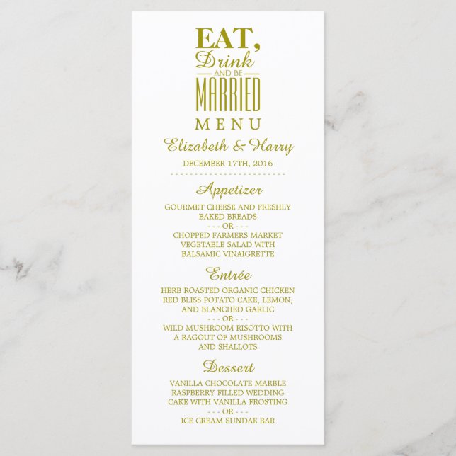 Eat, Drink and be Married Gold Wedding Menu (Front)