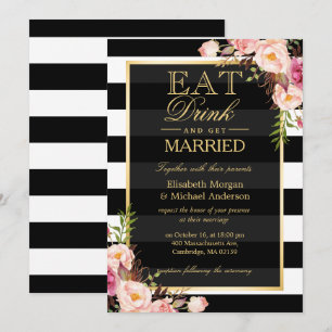 EAT Drink and Be Married Golden Floral Wedding Invitation