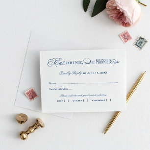 Eat Drink and Be Married Navy Blue Wedding RSVP Card