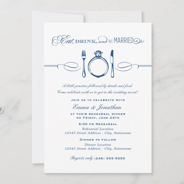 Eat Drink and Be Married Navy Rehearsal Dinner Invitation (Front)
