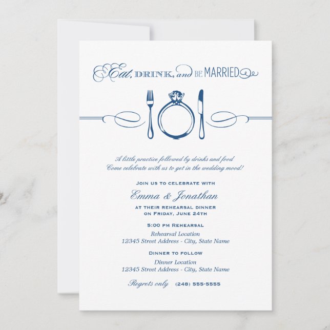 Eat Drink and Be Married Navy Rehearsal Dinner Invitation (Front)