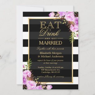 EAT Drink and Be Married Purple Floral Wedding Invitation