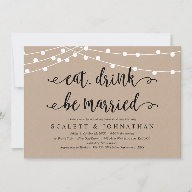 Eat, Drink and Be Married, Rustic Rehearsal Dinner Invitation (Front)