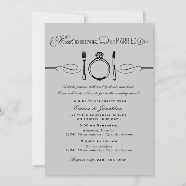 Eat Drink and Be Married Silver Rehearsal Dinner Invitation (Front)
