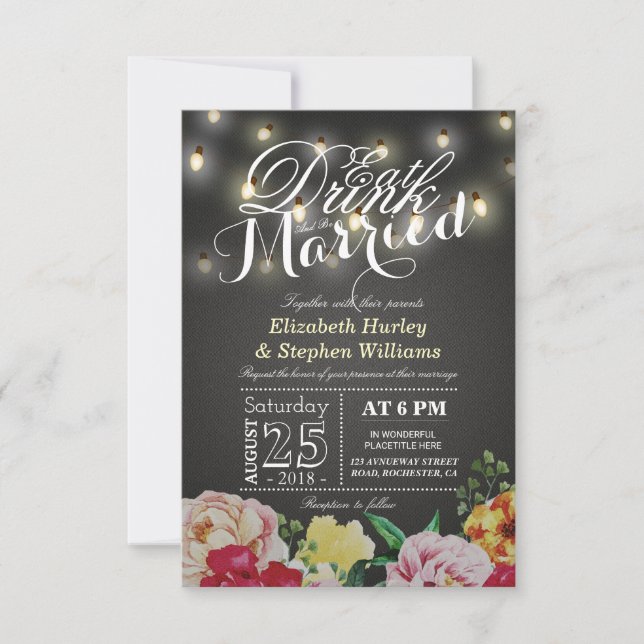 EAT Drink and Be Married String Light Chic Floral Invitation (Front)