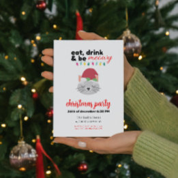 Eat Drink and be Meowy Cartoon Santa Cat Christmas Invitation
