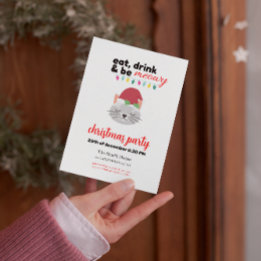Eat Drink and be Meowy Cartoon Santa Cat Party Invitation