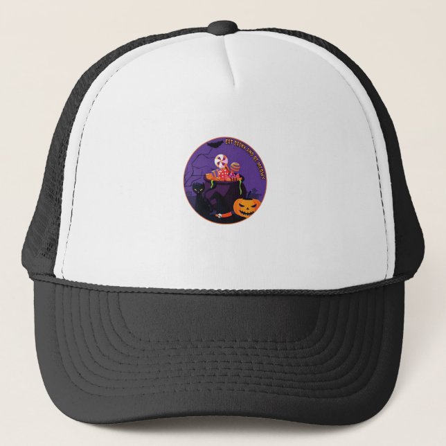 Eat Drink And Be Meowy Cute Casual Trucker Hat (Front)