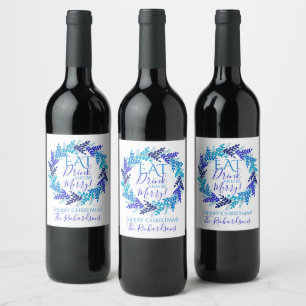 Eat Drink And Be Merry Blue Christmas Wreath Wine Label
