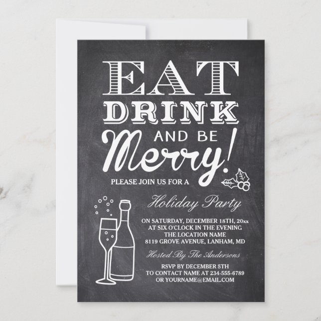 Eat Drink and Be Merry Chalkboard New Year Party Invitation (Front)
