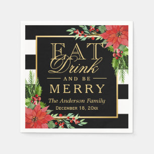 Eat Drink and Be Merry Christmas Botanical Floral Napkin