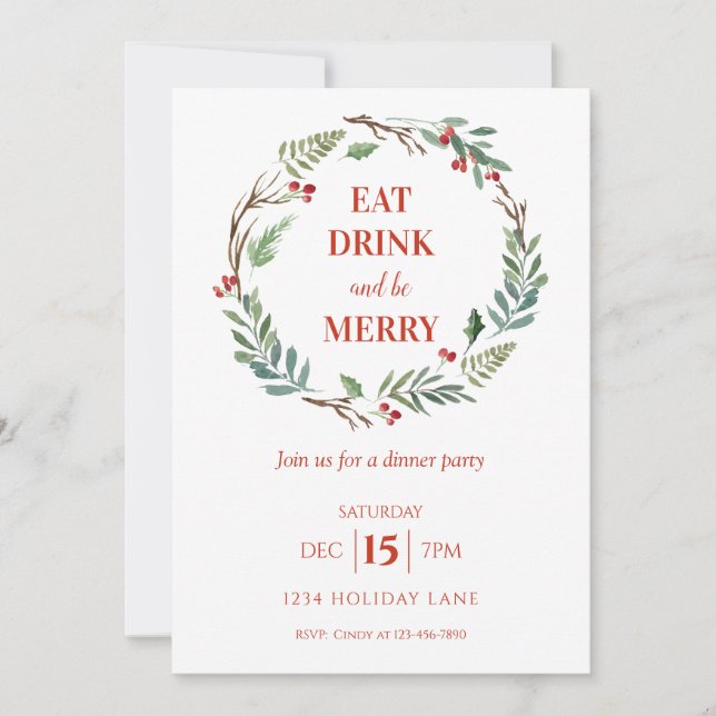 Eat Drink and Be Merry Christmas Dinner Party Invitation (Front)