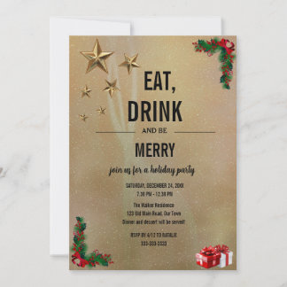 Eat, Drink and Be Merry Christmas Gold Glitter  Invitation