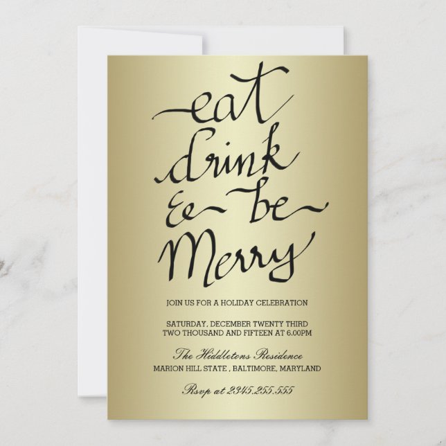 Eat Drink And Be Merry Christmas Party Gold Invitation (Front)