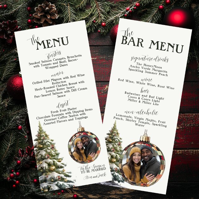 Eat, Drink, and Be Merry Christmas Wedding Menu (Wedding Menu & Bar Menu for Christmas Wedding with Personalized Ornament Photo)