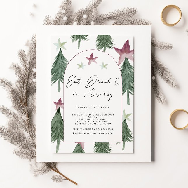 Eat, Drink and be Merry Festive Trees Office Party Invitation (Creator Uploaded)