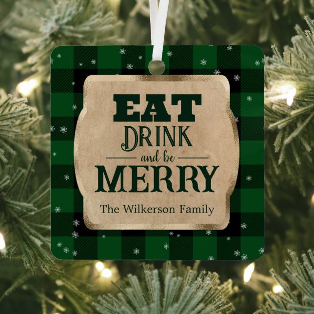 Eat Drink and Be Merry Green Plaid Christmas Metal Tree Decoration (Insitu)