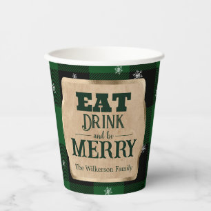 Eat Drink and Be Merry Green Plaid Christmas Paper Cups